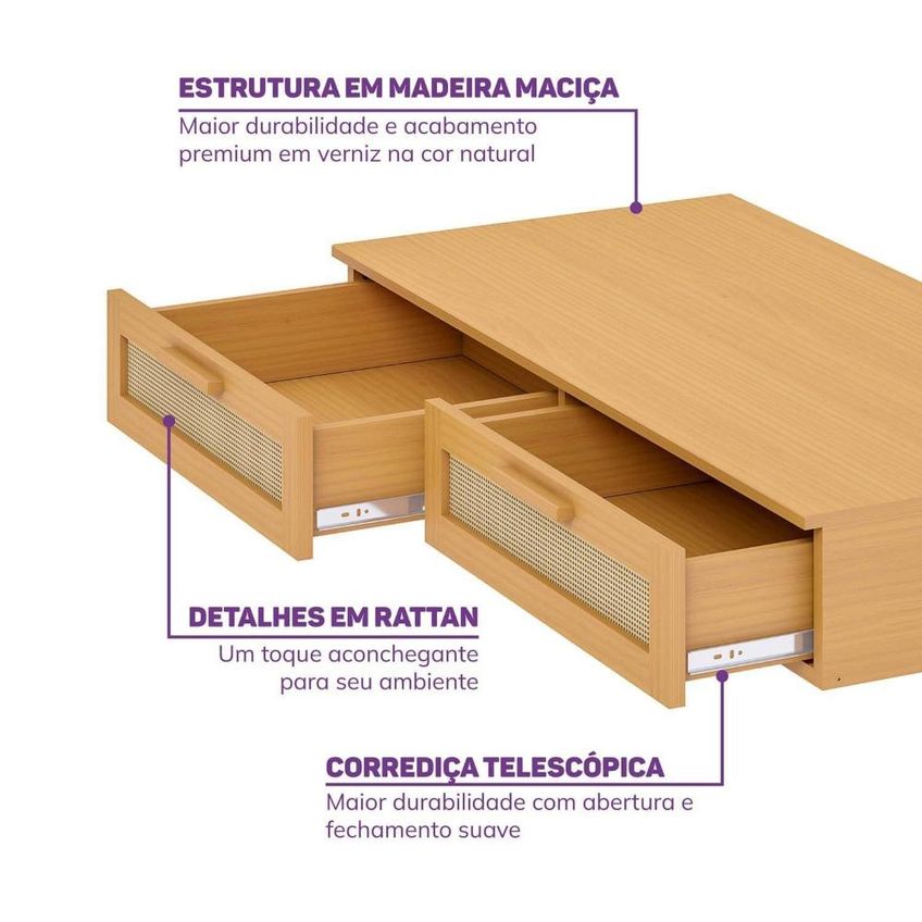Escrivaninha Suspensa 120cm Madeira Maciça E Rattan Magna Kids Casatema Marrom Natural - imagem 5