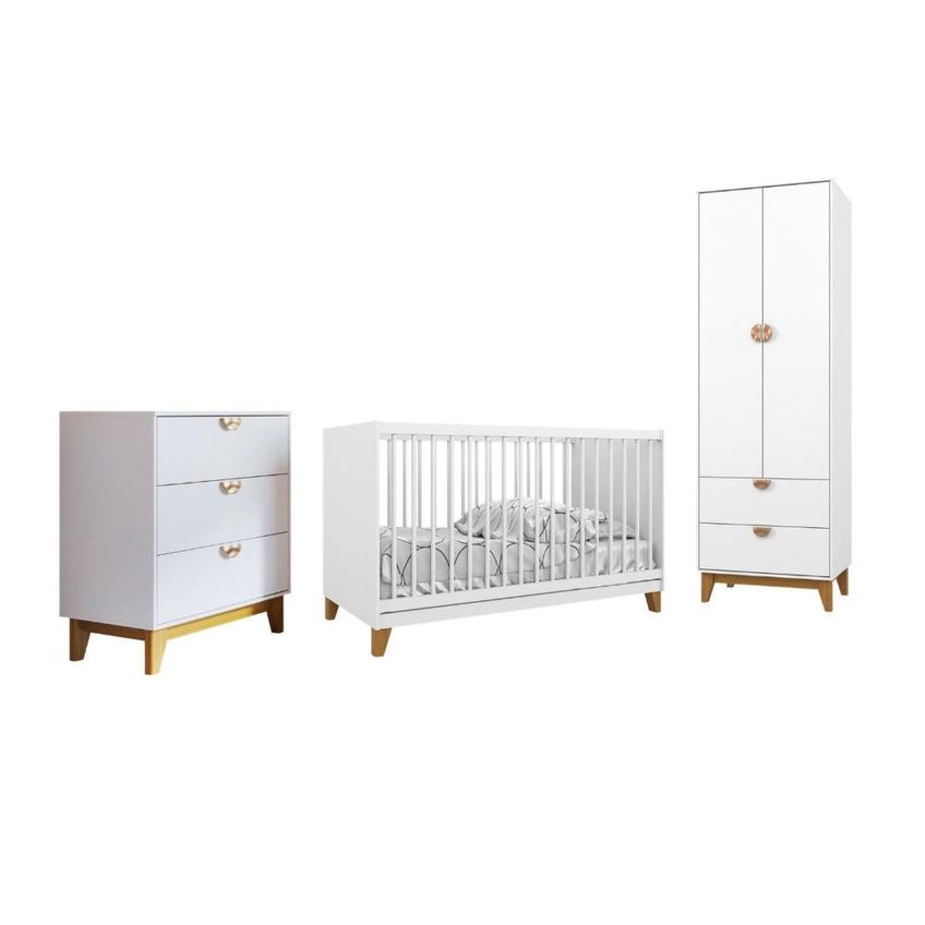 Conjunto Quarto De Bebê Completo Simples Magia 3 Peças Guarda- Roupa/ Berço/ Cômoda Branco Brilhante - imagem 2