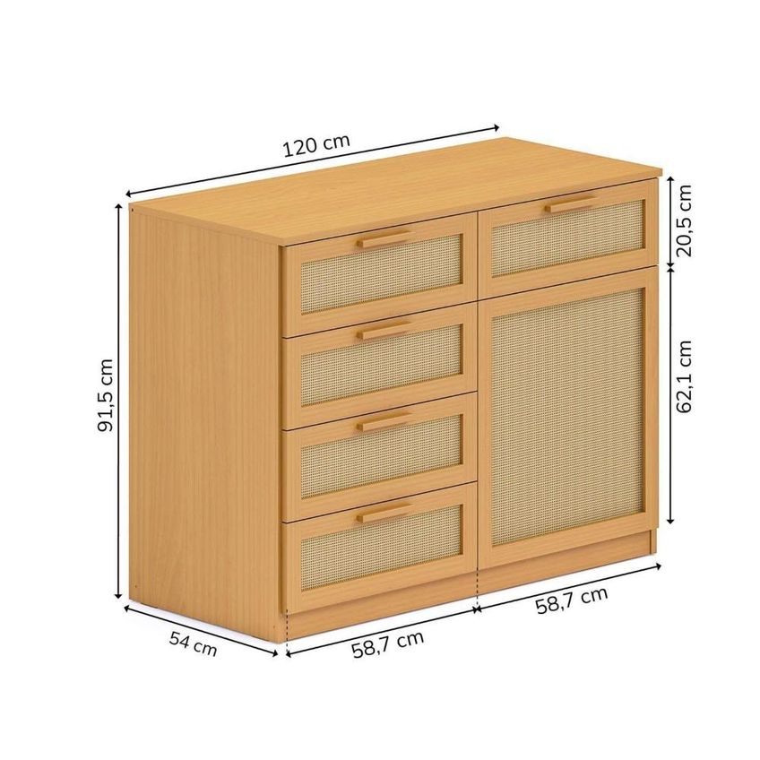 Cômoda 1 Porta 5 Gavetas Madeira Maciça E Rattan Magna Kids Casatema Marrom/natur Natural - imagem 3