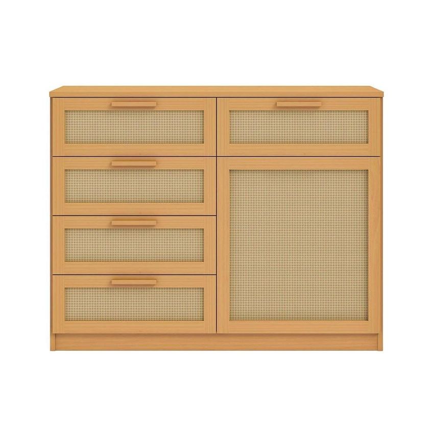 Cômoda 1 Porta 5 Gavetas Madeira Maciça E Rattan Magna Kids Casatema Marrom/natur Natural - imagem 4