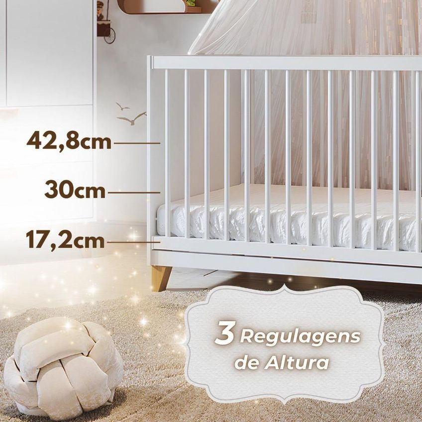 Conjunto Quarto De Bebê Completo Simples Magia 3 Peças Guarda- Roupa/ Berço/ Cômoda Branco Brilhante - imagem 5