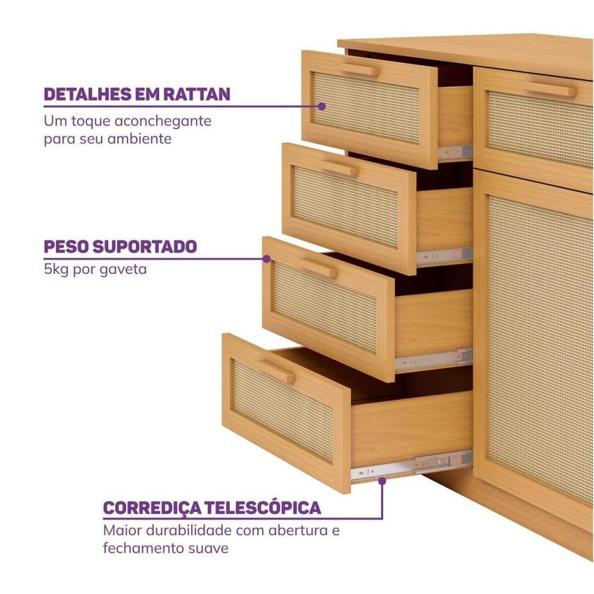 Cômoda 1 Porta 5 Gavetas Madeira Maciça E Rattan Magna Kids Casatema Marrom/natur Natural - imagem 5