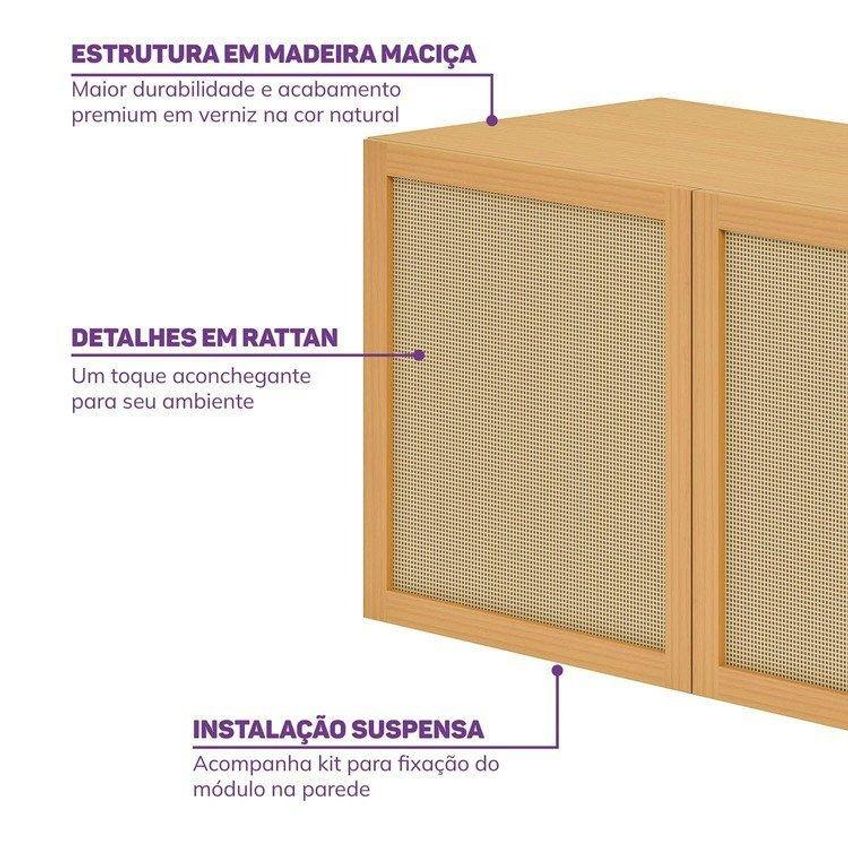 Armário Aéreo 120cm Em Madeira Maciça E Rattan Magna Kids Casatema Marrom/natura Mel Com Rattan - imagem 5