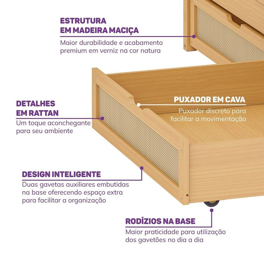 Kit 2 Gavetões Em Madeira Maciça E Rattan Magna Kids Casatema Madeiraoriginals Marrom/natural Natural - imagem 3