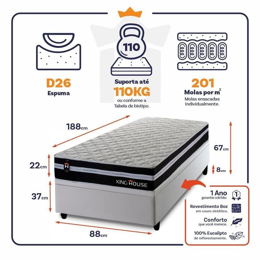 Cama Box Com Baú Solteiro Durham Molas Ensacadas Courino Preto King House 88cm - imagem 2