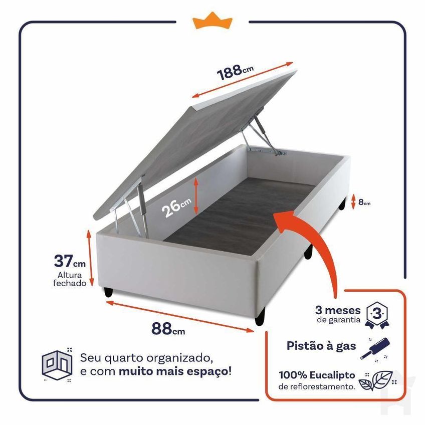 Cama Box Com Baú Solteiro Durham Molas Ensacadas Courino Preto King House 88cm - imagem 3