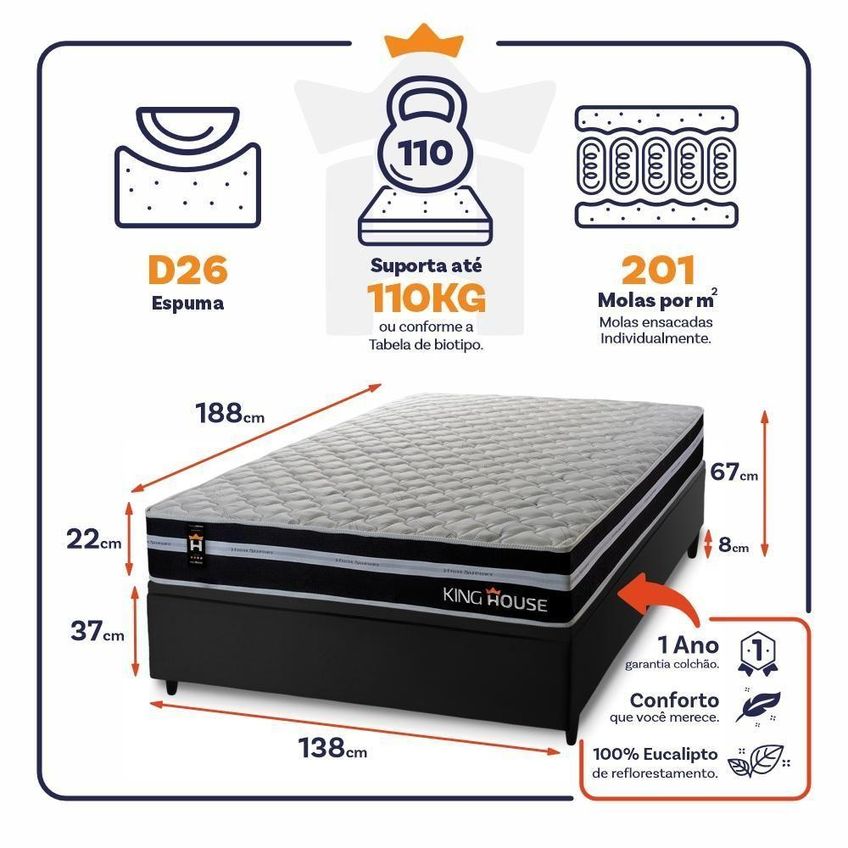Cama Box Com Baú Casal Durham Molas Ensacadas Preto King House - imagem 4