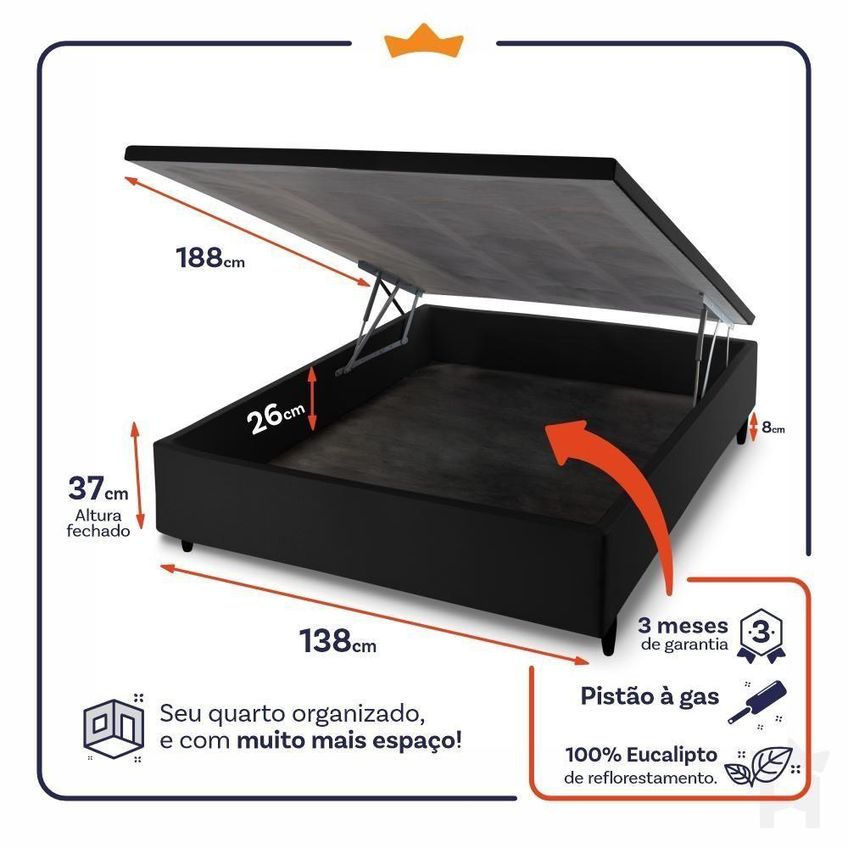 Cama Box Com Baú Casal Durham Molas Ensacadas Preto King House - imagem 5