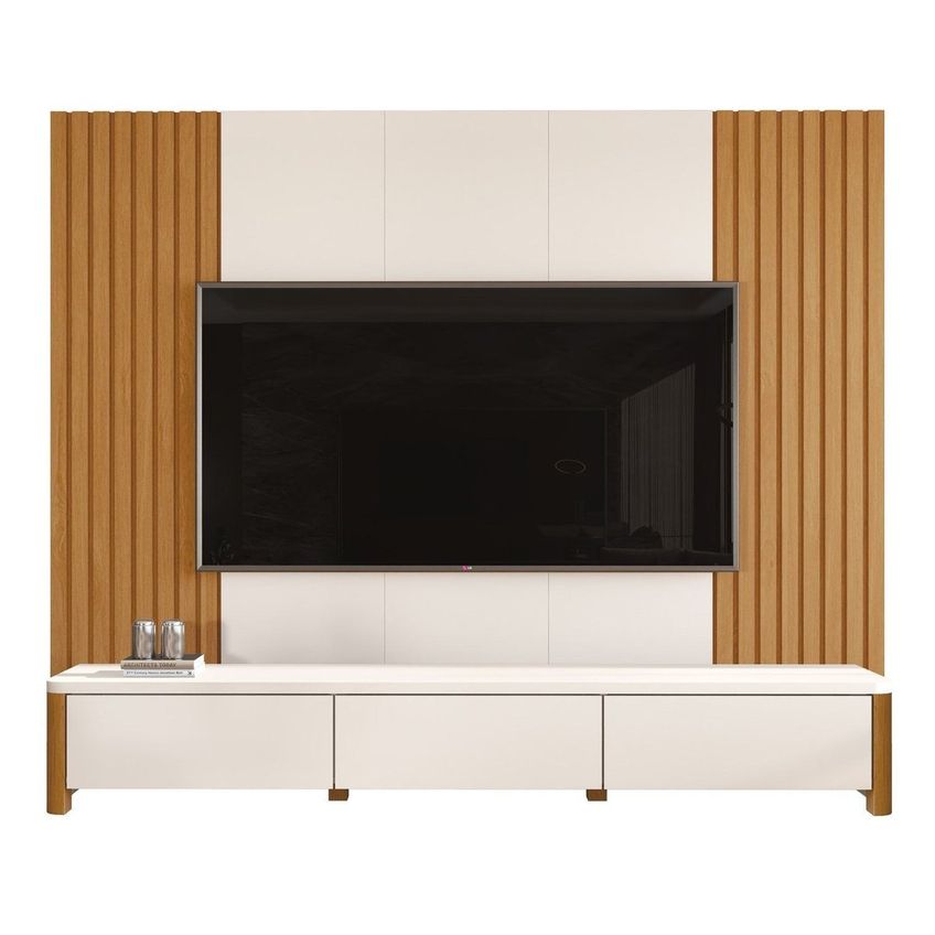 Rack Monaco Com Painel Sierra Para Tv Até 75 Polegadas 3 Gavetas Ripado Mdf/mdp Pés Em Madeira Off White Nature - imagem 2