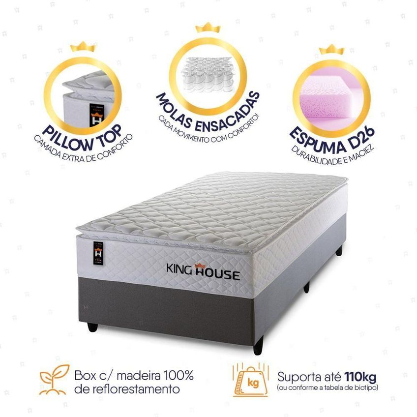 Cama Box Solteiro New Moon Molas Ensacadas Tecido Courino Cinza King House - imagem 5