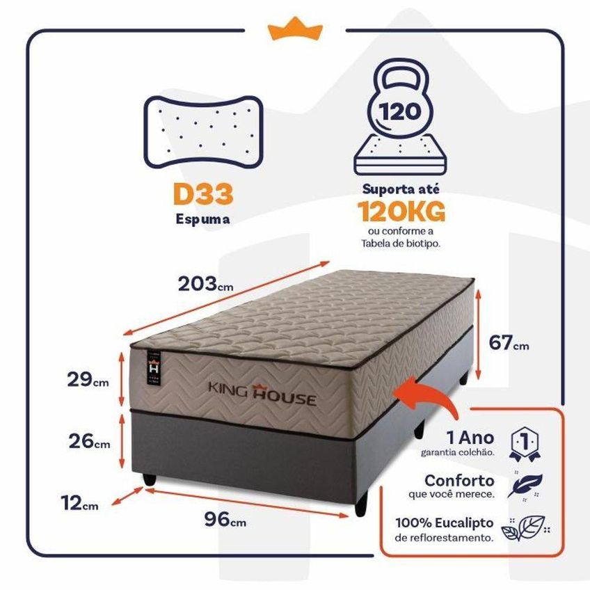 Cama Box Com Colchão Solteiro San Diego Espuma Courino Cinza King House 96cm - imagem 3