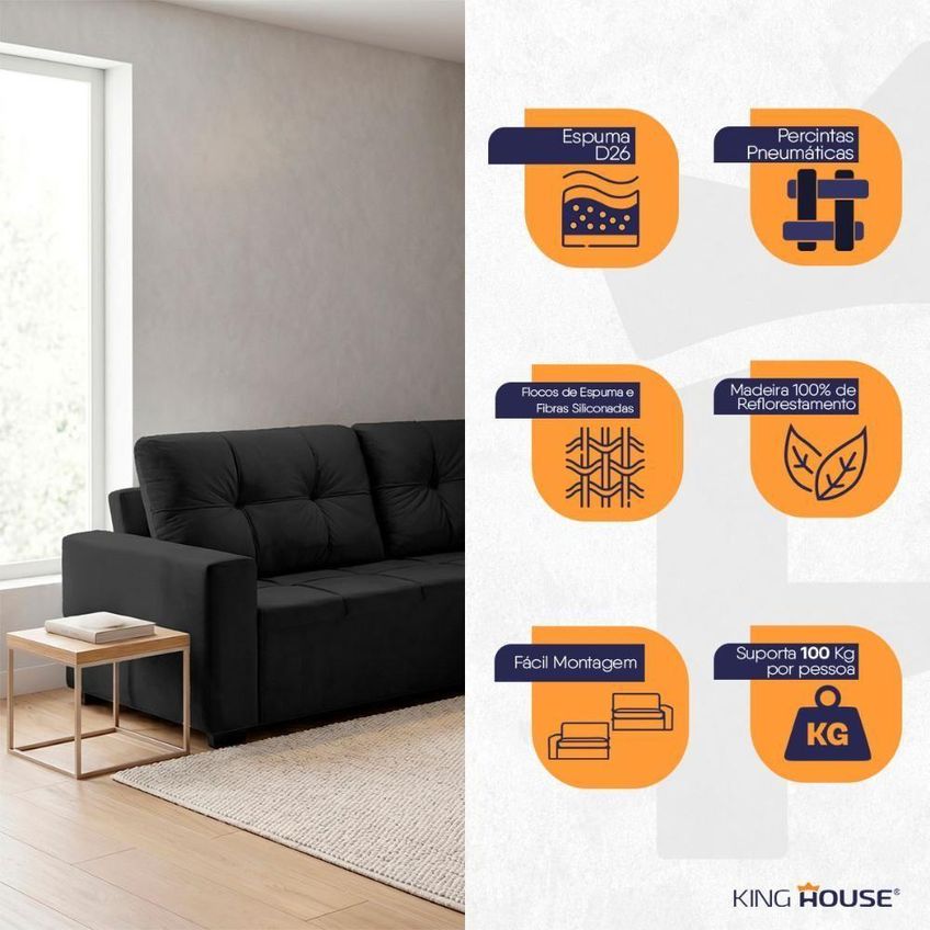 Sofá De Canto Ibarra 4 Lugares 186cm Preto Suede King House - imagem 5