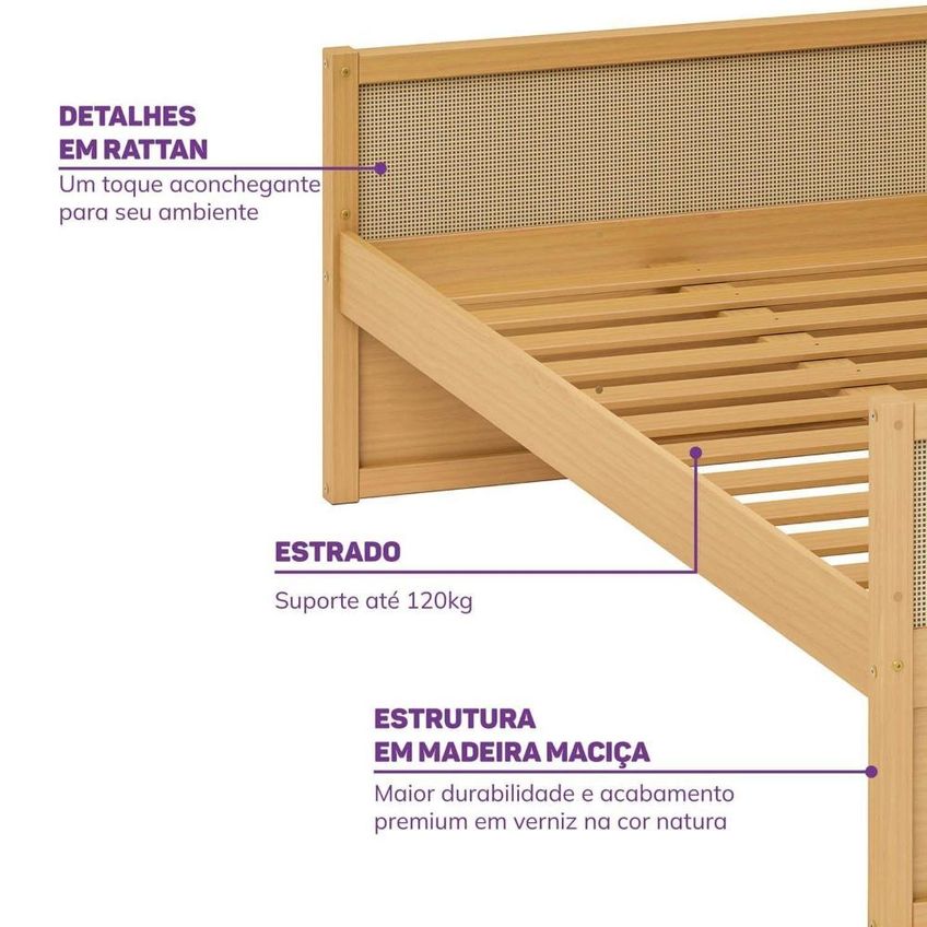 Cama Solteiro Infantil Madeira Maciça E Rattan Magna Kids Casatema Marrom/Natural Natural - imagem 4
