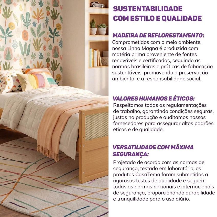 Cama Solteiro Infantil Madeira Maciça E Rattan Magna Kids Casatema Marrom/Natural Natural - imagem 5
