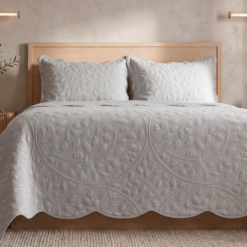 Kit Cobre Leito Vintage Queen Percal 300 Fios Colcha Matelassê Floral Alto Relevo 3 Peças Cinza - imagem 3