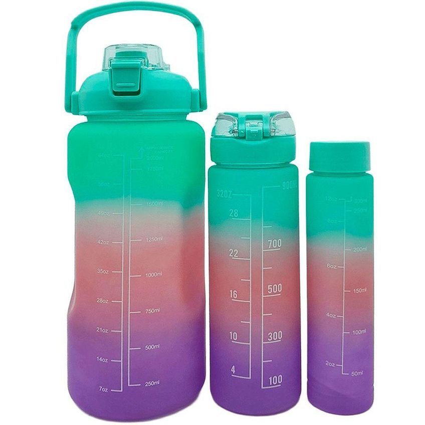 Garrafa De Água Kit Para Treino Academia Com Frases Motivacionais 2l 900ml 300ml Verde Rosa Roxo - imagem 2