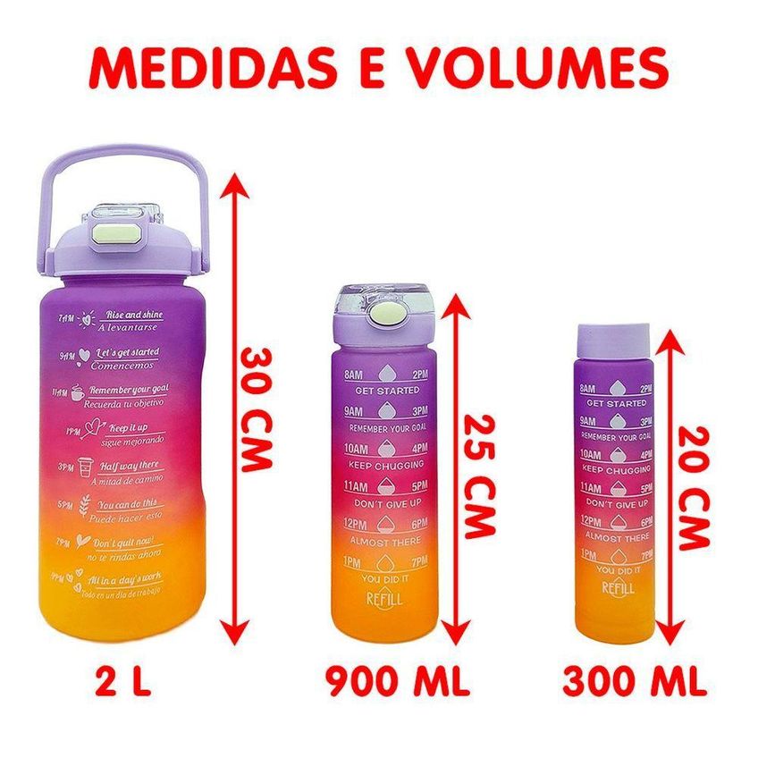 Garrafa De Água Kit Para Treino Academia Com Frases Motivacionais 2l 900ml 300ml Verde Rosa Roxo - imagem 5