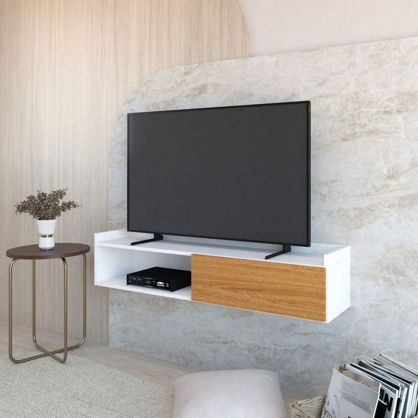 Rack Suspenso TV 50 Polegadas 120cm MDP Porta Basculante Branco Freijó Atena - imagem 3