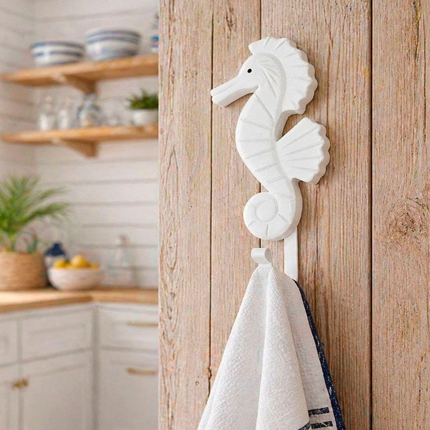Kit 2 Porta Toalha Cabideiro Decorativo Peixe E Cavalo Marinho Branco - imagem 4