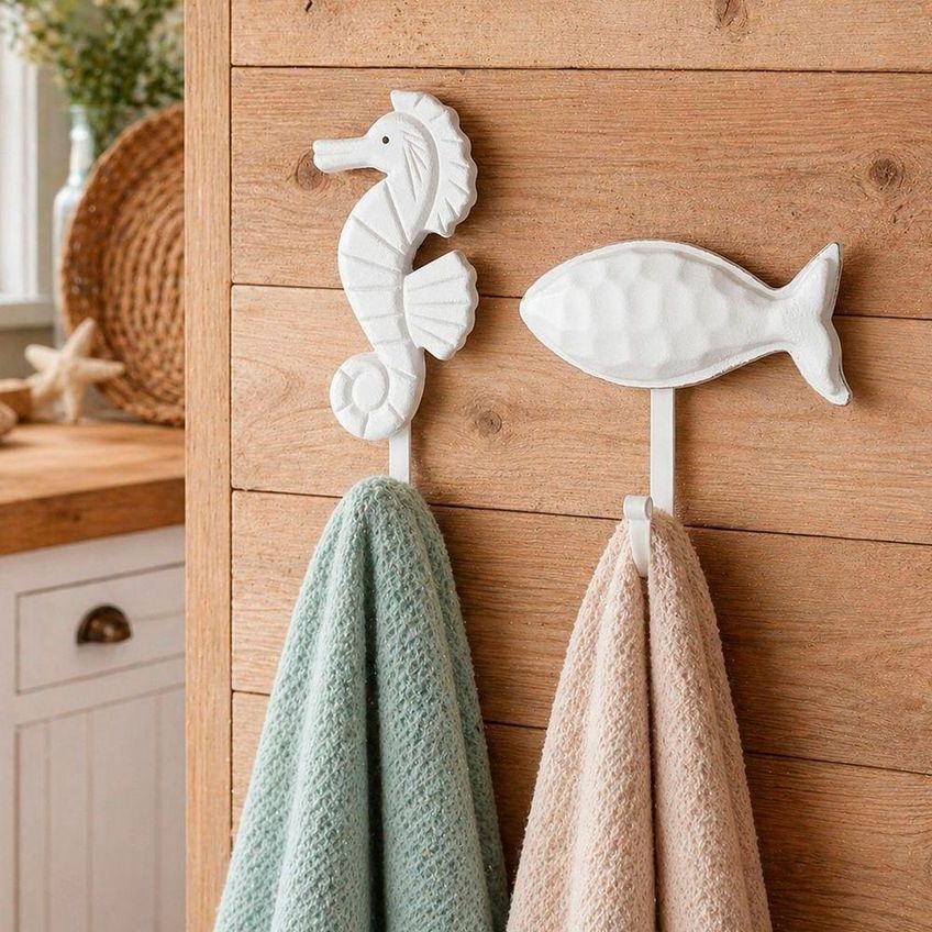 Kit 2 Porta Toalha Cabideiro Decorativo Peixe E Cavalo Marinho Branco - imagem 5