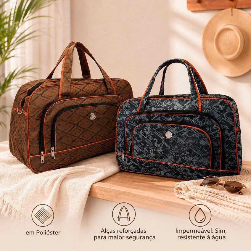 Bolsa Mala De Viagem Grande 53cm X 33cm X 20cm Em Poliéster Com Zíper E Alças Reforçadas Cinza - imagem 3