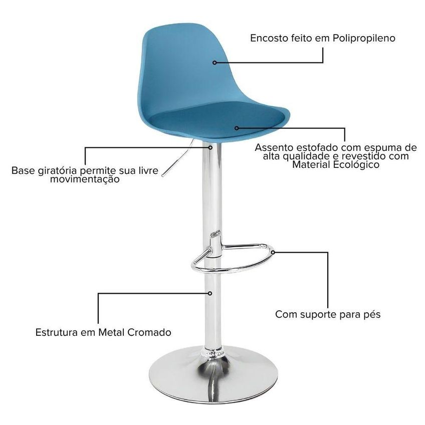 Banqueta Alta Estofada Ícaro Metal Cromado Altura Ajustável Turquesa Dkadidecor - imagem 3