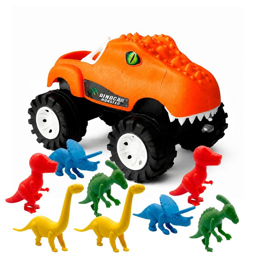 Kit Carrinho Dinocar Monster Com 8 Mini Dinossauros Laranja - imagem 2