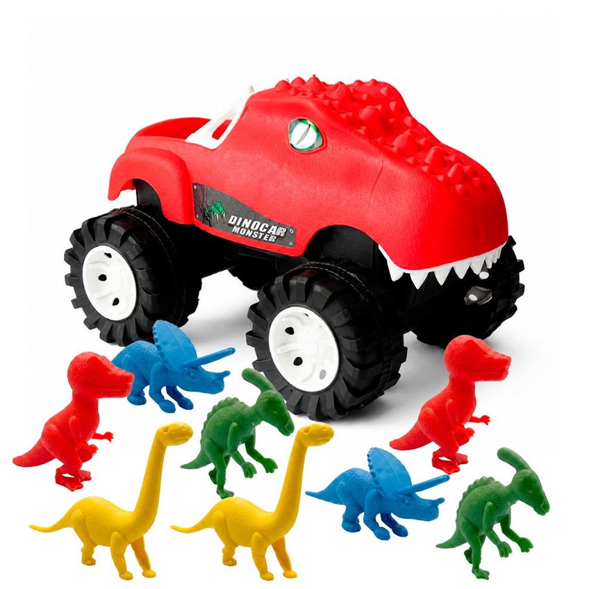 Kit Carrinho Dinocar Monster Com 8 Mini Dinossauros Vermelho - imagem 2
