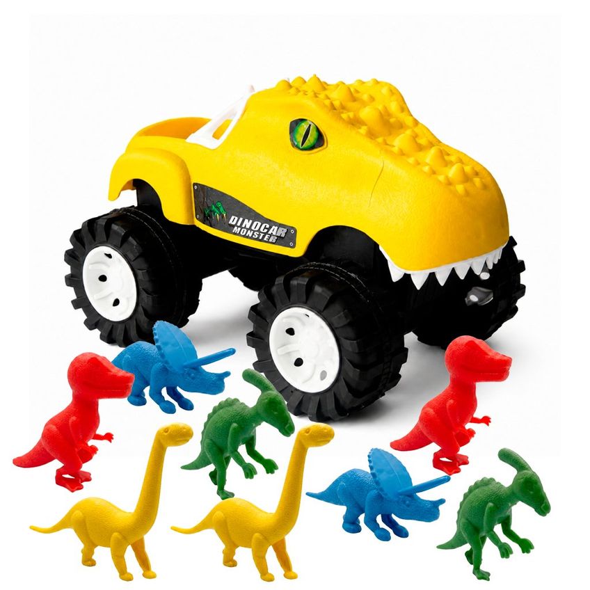 Kit Carrinho Dinocar Monster Com 8 Mini Dinossauros Amarelo - imagem 2