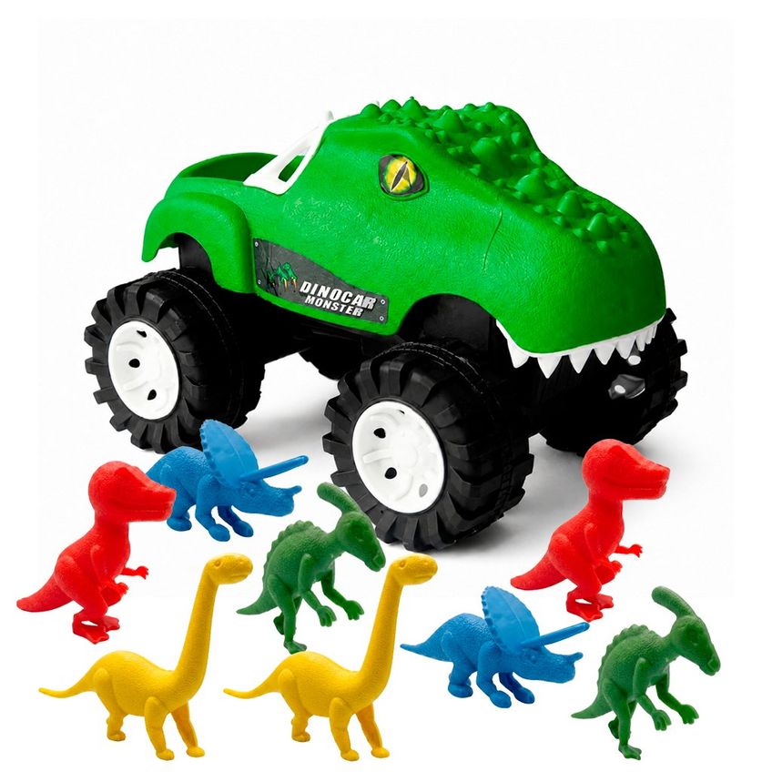 Kit Carrinho Dinocar Monster Com 8 Mini Dinossauros Verde - imagem 2