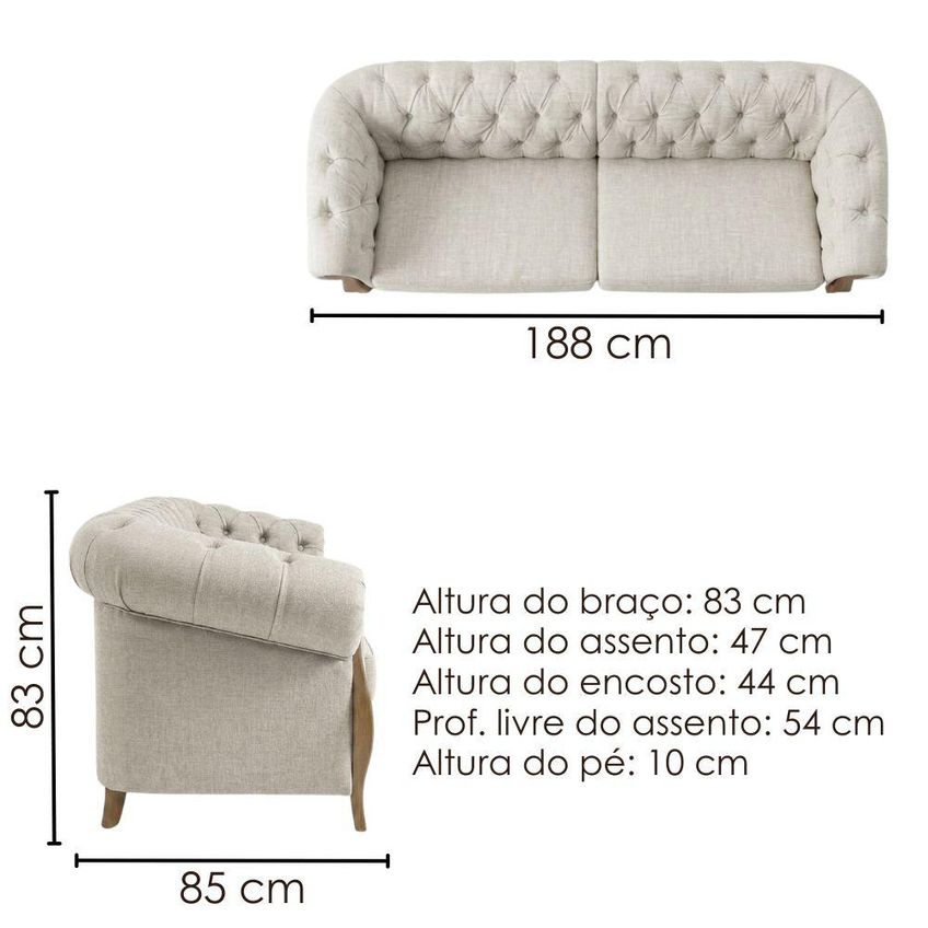 Sofá Living Capitonê 2 Lugares Milano 188 Cm Pé Madeira Linho TCS 701 Moll - imagem 3