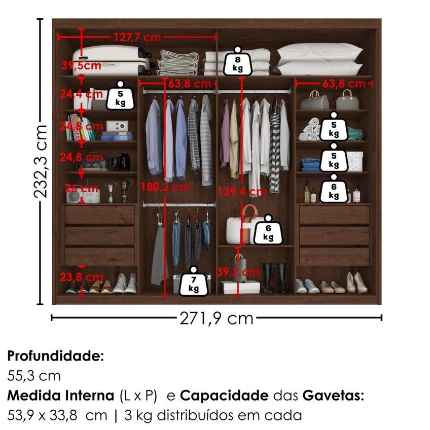 Guarda Roupa Casal 2 Portas De Correr Com Espelho Imperio 272 Cm Jacaranda Off White Zanz - imagem 3