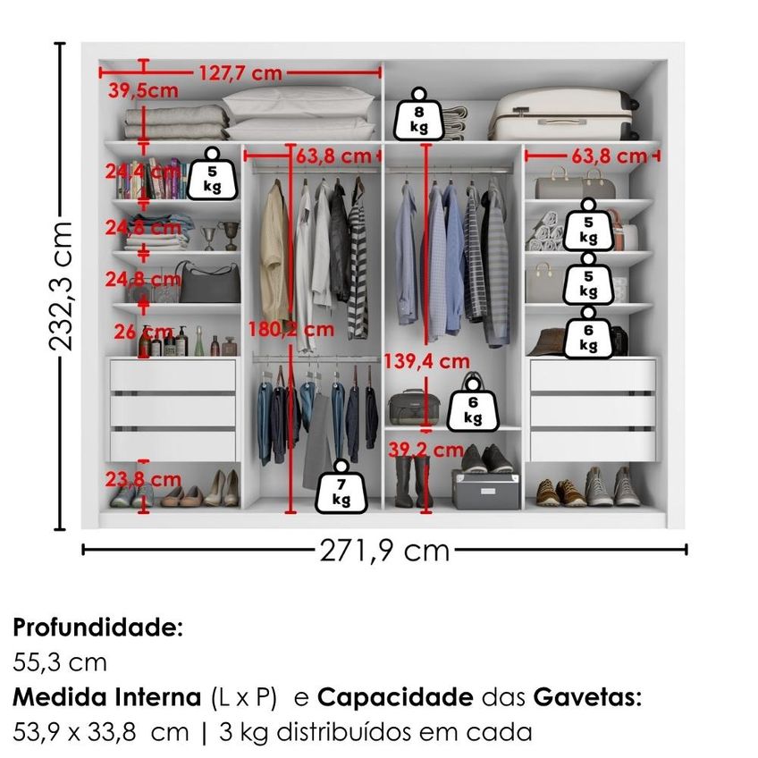 Guarda Roupa Casal 2 Portas De Correr Com Espelho Imperio 272 Cm Branco Absoluto Zanz - imagem 3