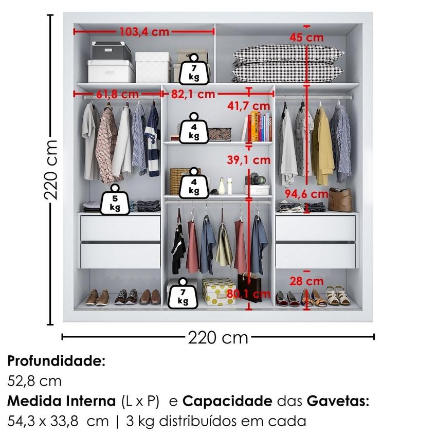 Guarda Roupa Casal 2 Portas De Correr Com Espelho Trian 220 Cm Branco Absoluto Zanz - imagem 3