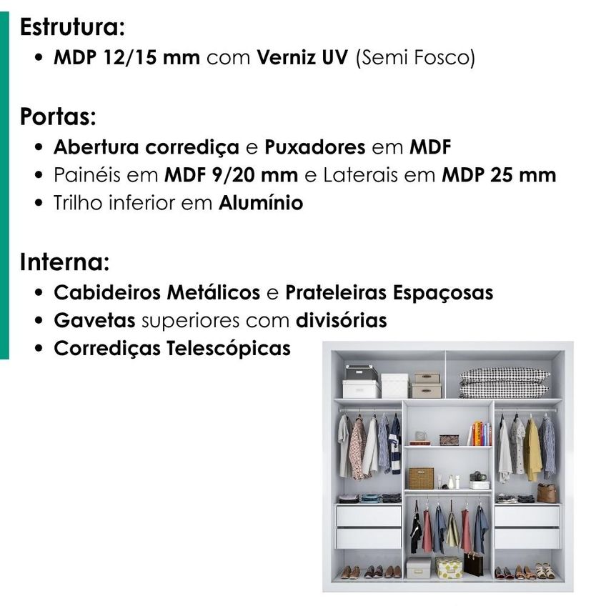 Guarda Roupa Casal 2 Portas De Correr Com Espelho Trian 220 Cm Branco Absoluto Zanz - imagem 4
