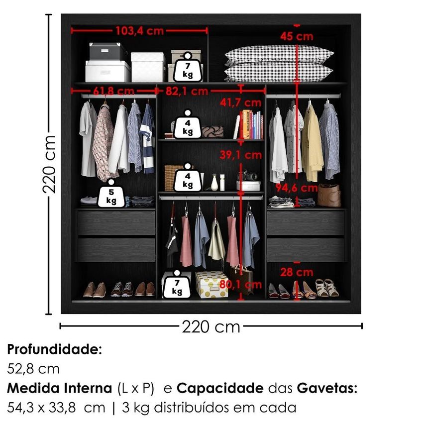 Guarda Roupa Casal 2 Portas De Correr Com Espelho Trian 220 Cm Preto Zanz - imagem 3