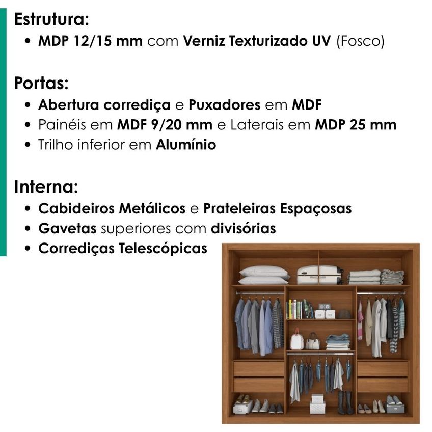 Guarda Roupa Casal 2 Portas De Correr Com Espelho Trian 220 Cm Cinamomo Zanz - imagem 4