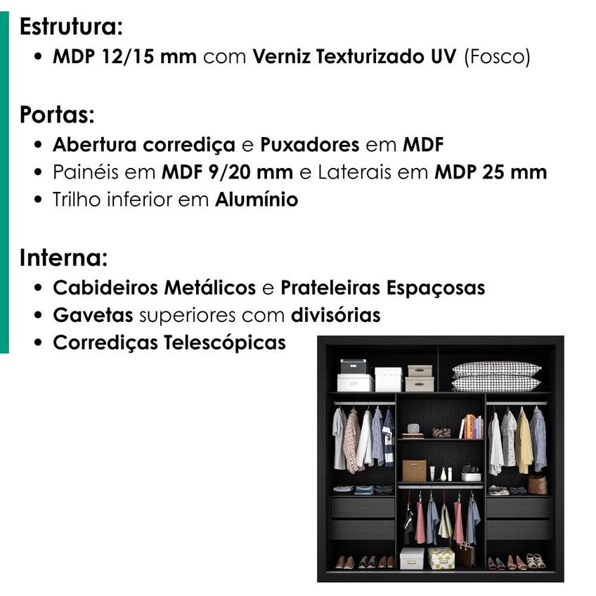 Guarda Roupa Casal 2 Portas De Correr Com Espelho Trian 220 Cm Preto Zanz - imagem 4