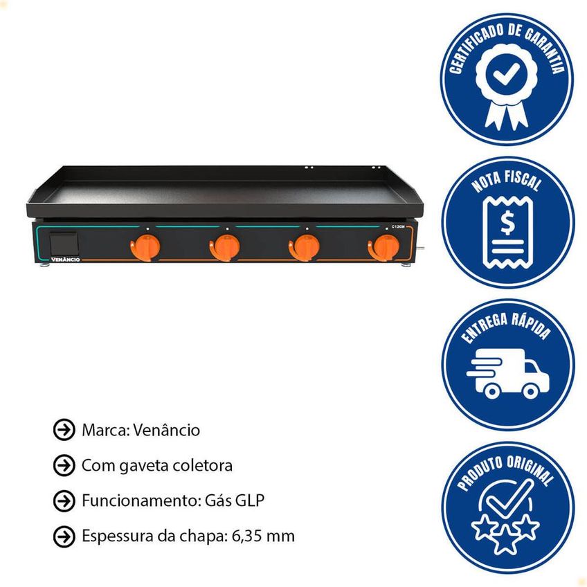 Chapa Bifeteira Deguste Luxo New Venâncio 120 Cm A Gás GLP C120N 78424 - imagem 2