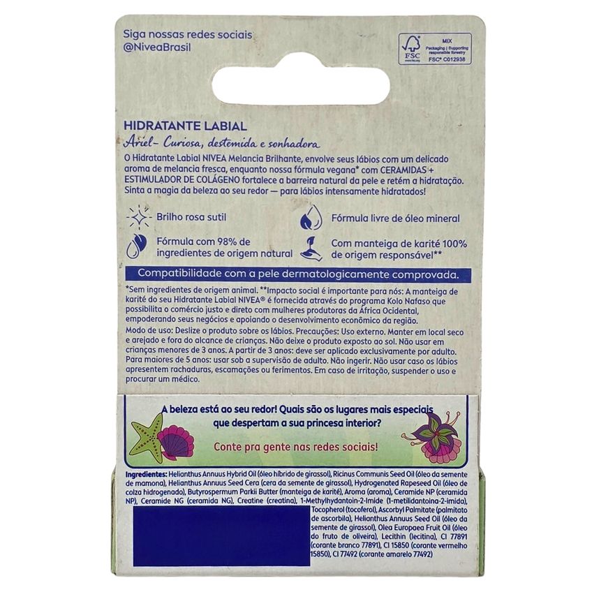 Hidratante Labial Nivea Ariel Disney Princesa Melancia Brilhante 4,8g - imagem 2