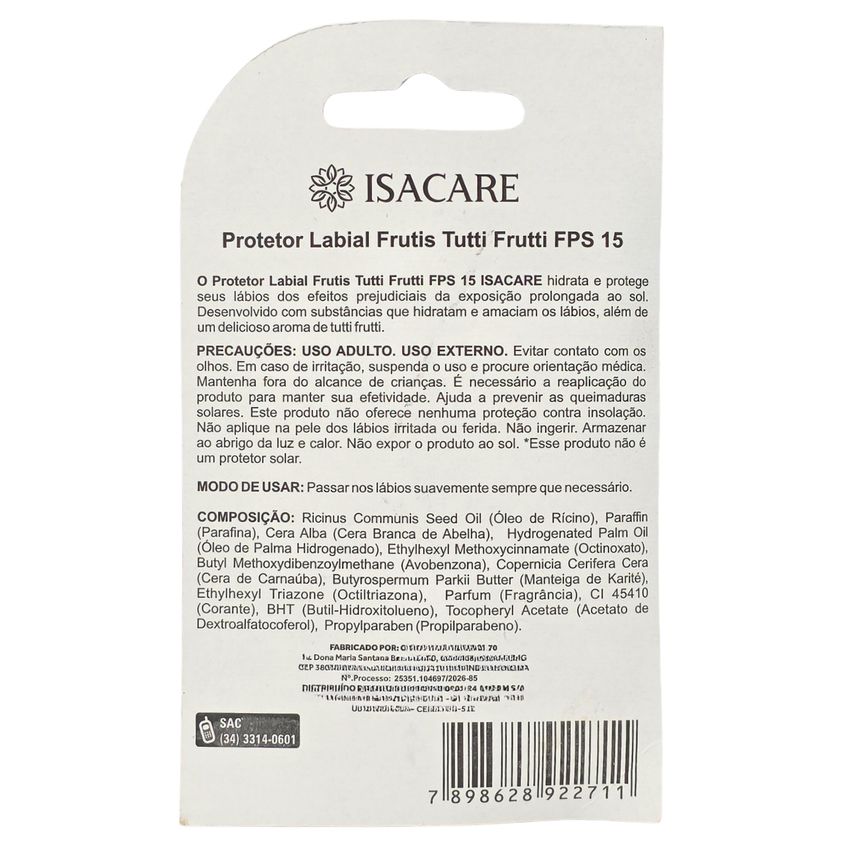 Protetor Labial Isacare Frutis Tutti Frutti FPS 15 Com Cor 3,5g - imagem 2
