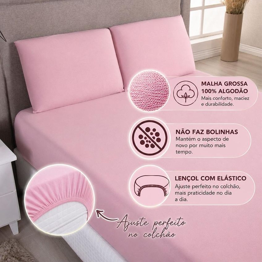 Jogo De Cama Lençol Malha Grossa Fio Penteado 100% Algodão King 3 Peças - Rosê - imagem 2