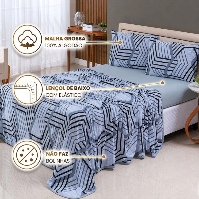 Jogo De Cama Lençol Malha Grossa Fio Penteado 100% Algodão Solteiro 3 Peças - Geométrico Cinza - imagem 2