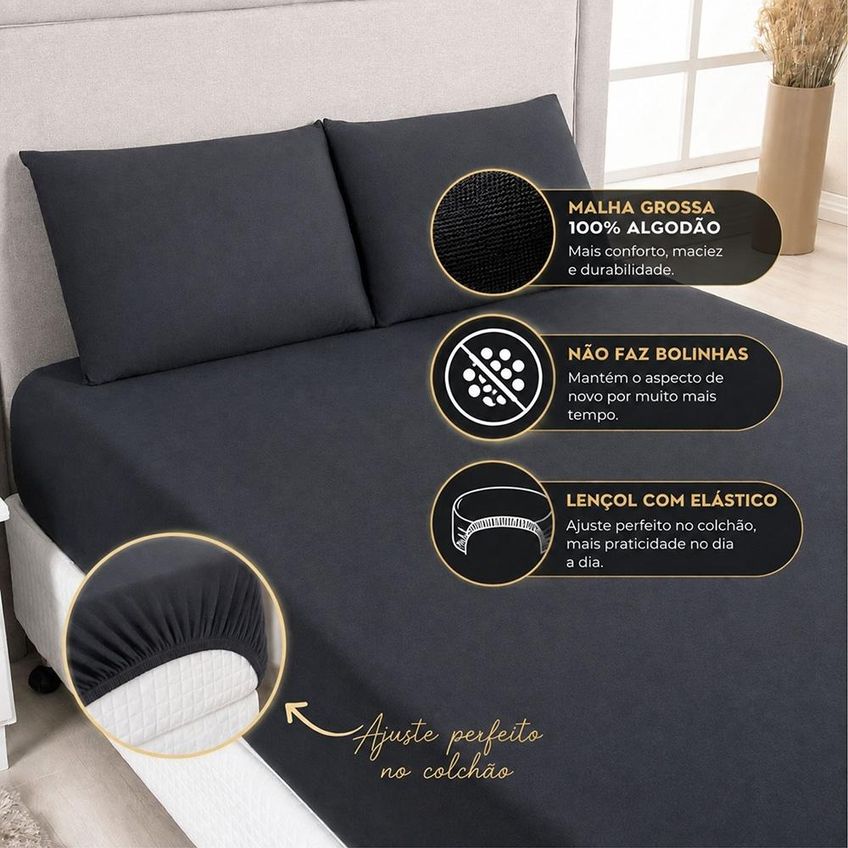 Jogo De Cama Lençol Malha Grossa Fio Penteado 100% Algodão King 3 Peças - Preto - imagem 2