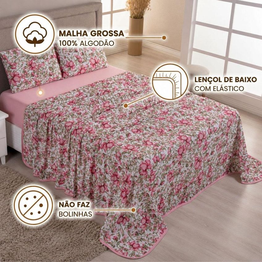 Jogo De Cama Lençol Malha Grossa Fio Penteado 100% Algodão King 4 Peças - Floral Rosê - imagem 2