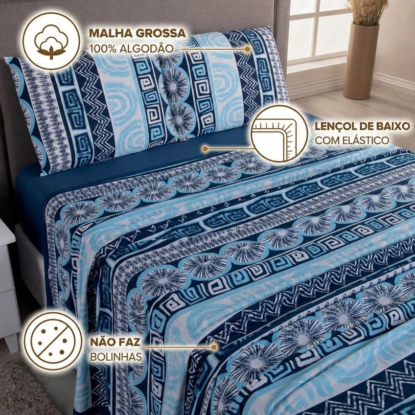 Jogo De Cama Lençol Malha Grossa Fio Penteado 100% Algodão King 4 Peças - Tribal - imagem 2