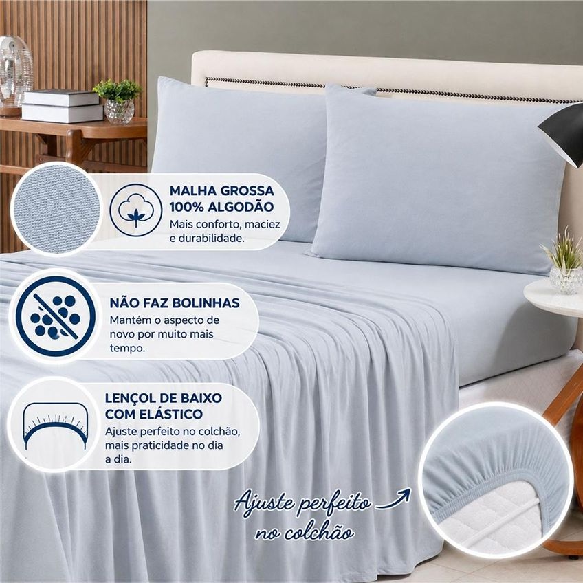 Jogo De Cama Lençol Malha Grossa Fio Penteado 100% Algodão King 4 Peças - Cinza - imagem 2