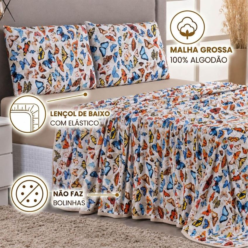 Jogo De Cama Lençol Malha Grossa Fio Penteado 100% Algodão Solteiro 3 Peças - Borboleta - imagem 2