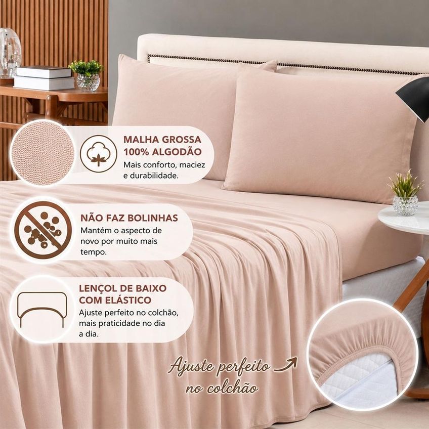 Jogo De Cama Lençol Malha Grossa Fio Penteado 100% Algodão Casal 4 Peças - Avelã - imagem 2
