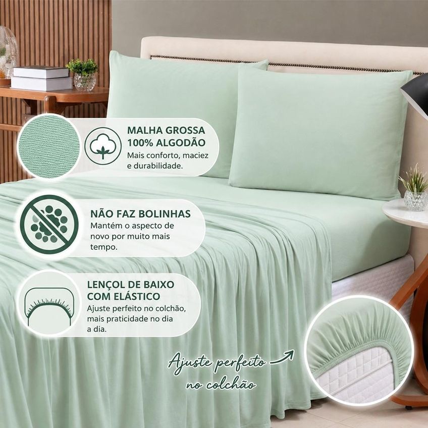 Jogo De Cama Lençol Malha Grossa Fio Penteado 100% Algodão Solteiro 3 Peças - Verde - imagem 2